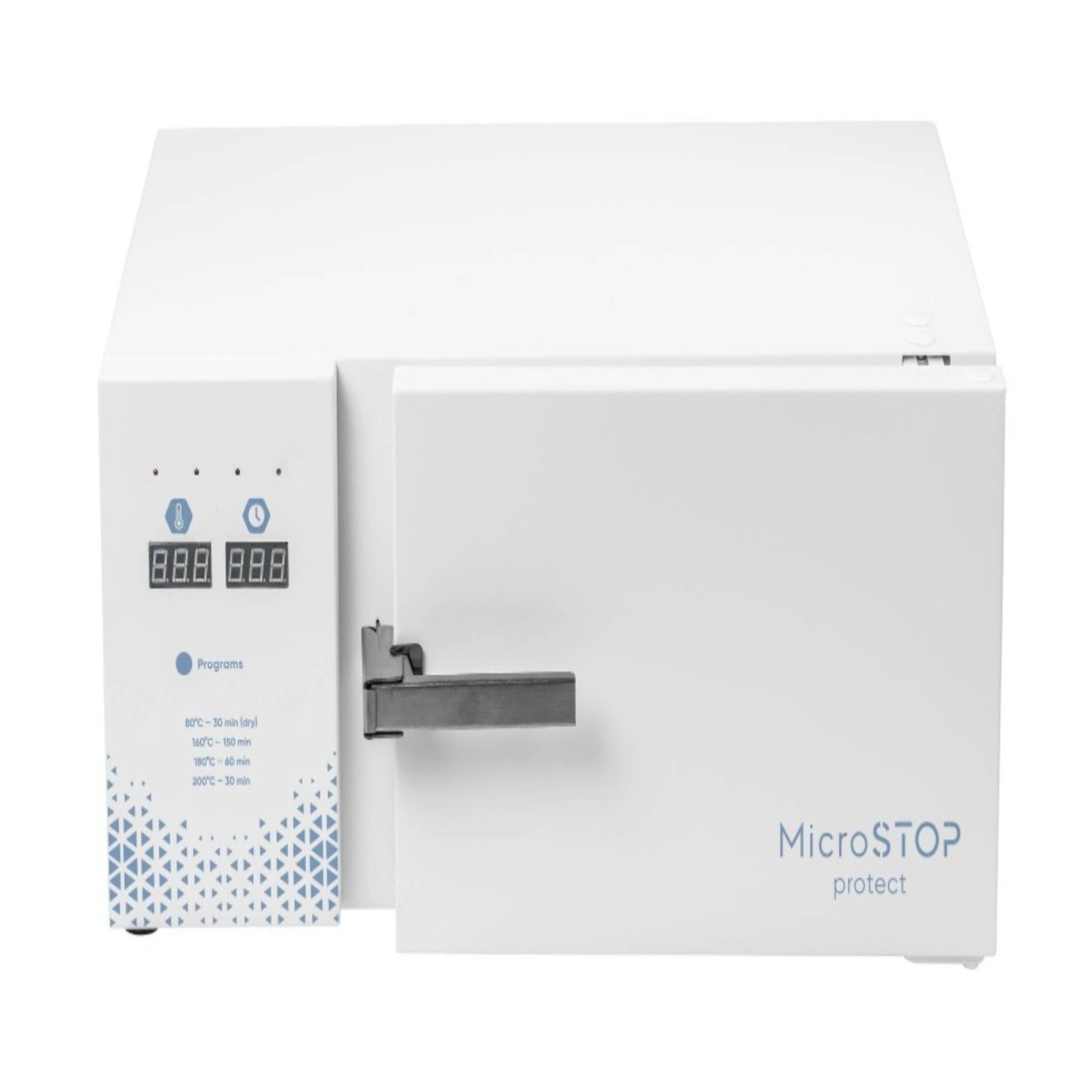 A white MicroStop Protect dry heat sterilizer with digital controls on the front panel and a horizontal loading door.
