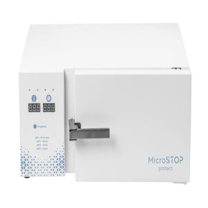 A white MicroStop Protect dry heat sterilizer with digital controls on the front panel and a horizontal loading door.