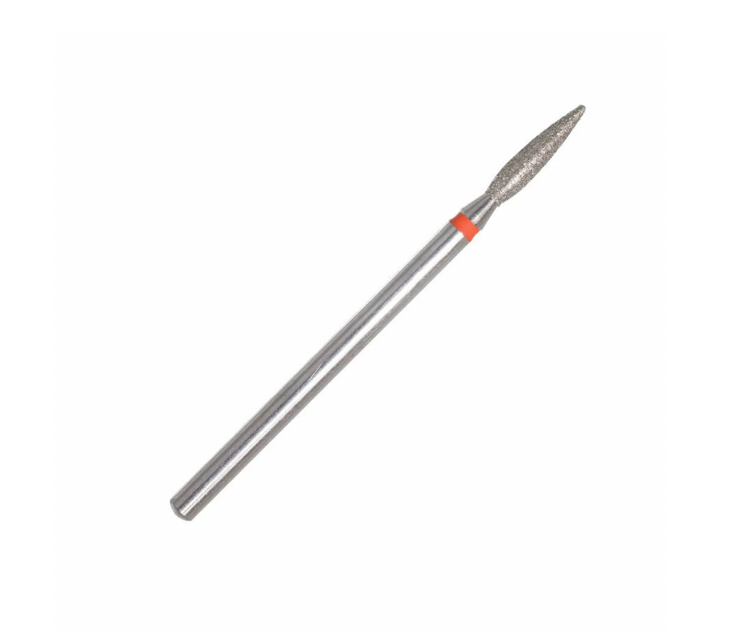 A single diamond bit with a flame shape and a red ring near the top, typically used for manicure and nail care. Diamond Bit Flame Fine (red ring) ø2.3 mm, 10mm
