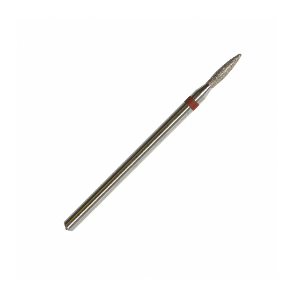 A single nail drill bit with a red ring at the tip, designed for use in manicure and foot care. Diamond Bit Flame Normal (red ring) ø1.8 mm, 8 mm
