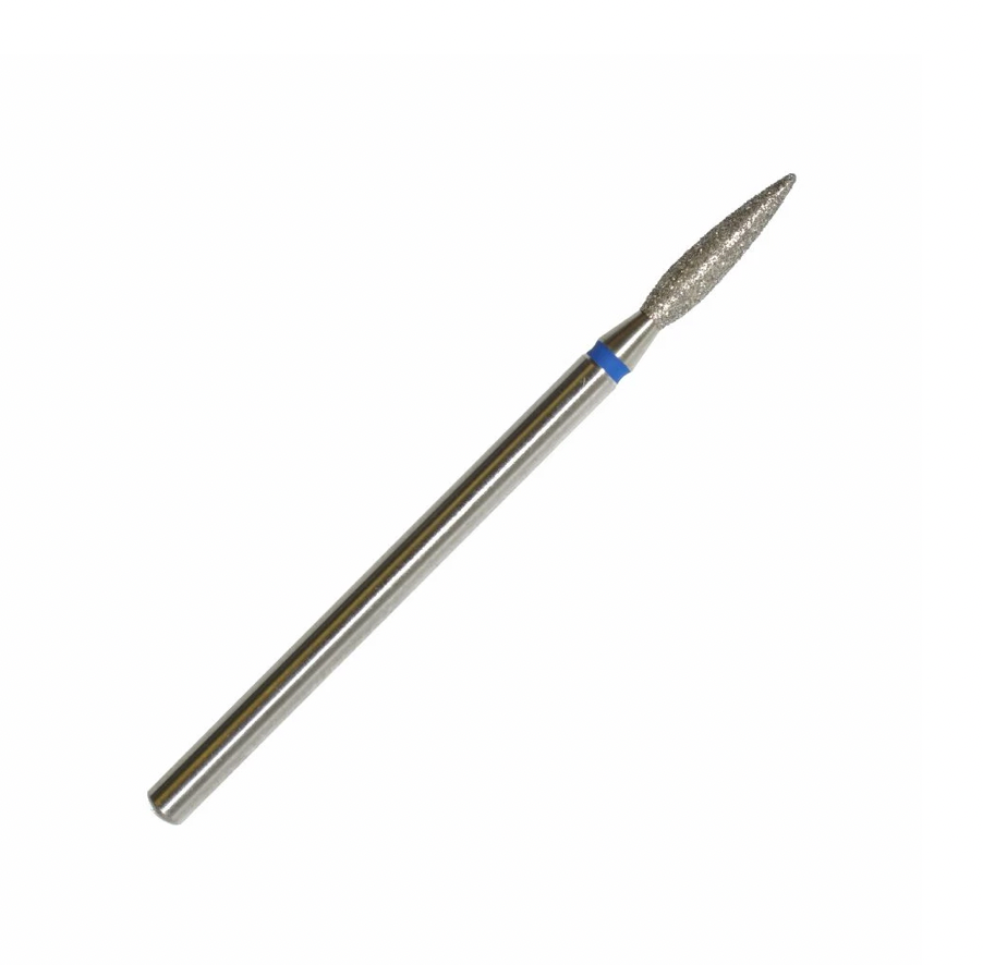 A high-quality KMIZ diamond bit for nail drills, with a blue ring on the shank and a flame-like shape at the tip, designed for manicure and foot care. Diamond Bit Flame Normal (blue ring) ø2.3 mm