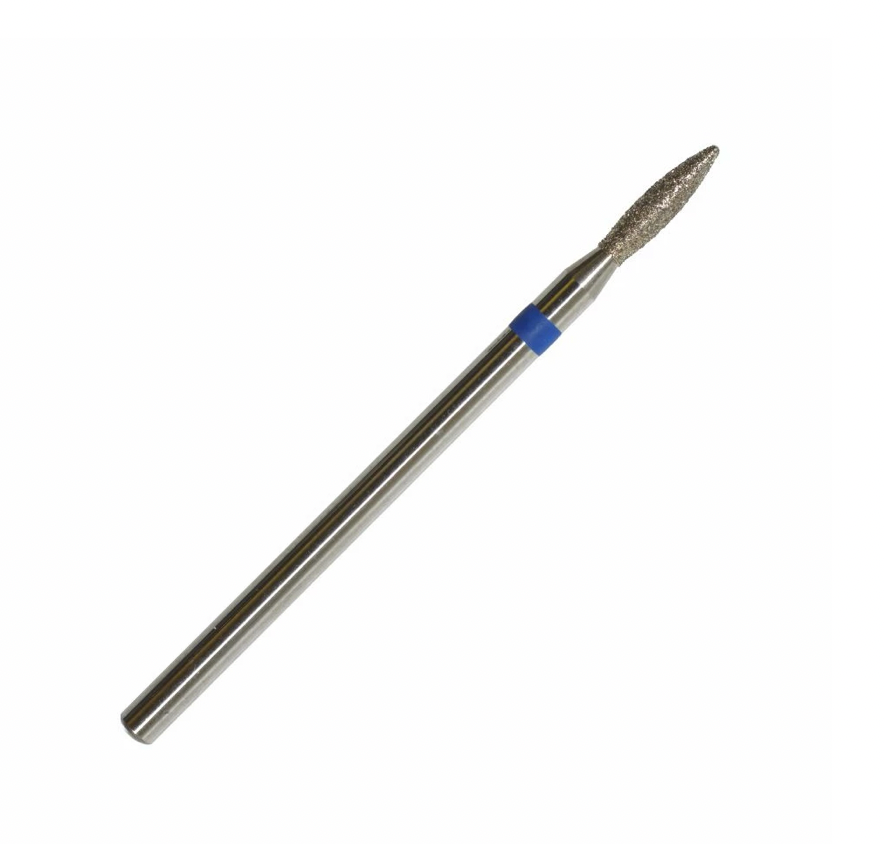 A single high-quality KMIZ diamond bit with a flame shape, featuring a blue ring on the shank, designed for use in manicure and foot care. Diamond Bit Flame Fine (blue ring) ø2.1 mm, 8mm