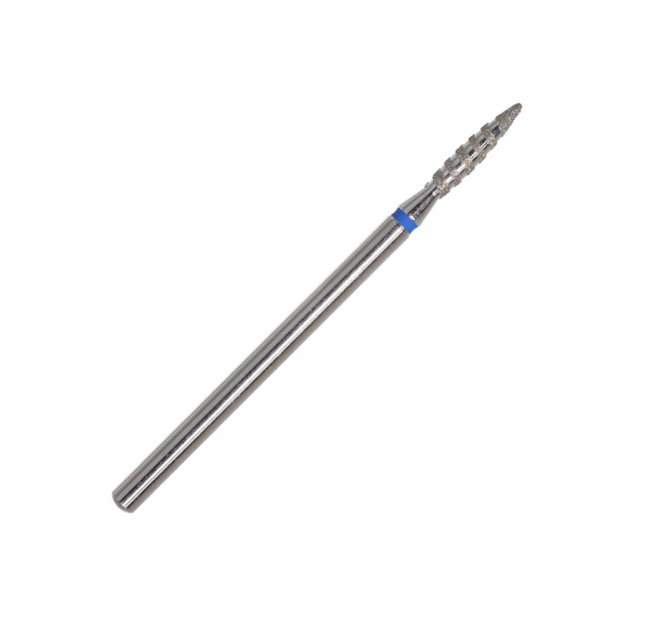 A silver-colored nail drill bit with a blue ring at the base, designed for manicure and foot care. Flame Tornado (blue ring) ø1.8 mm