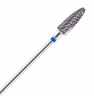 A carbide cutter with a blue ring and rounded tip used for nail and skin work, featuring a milling cutter design.