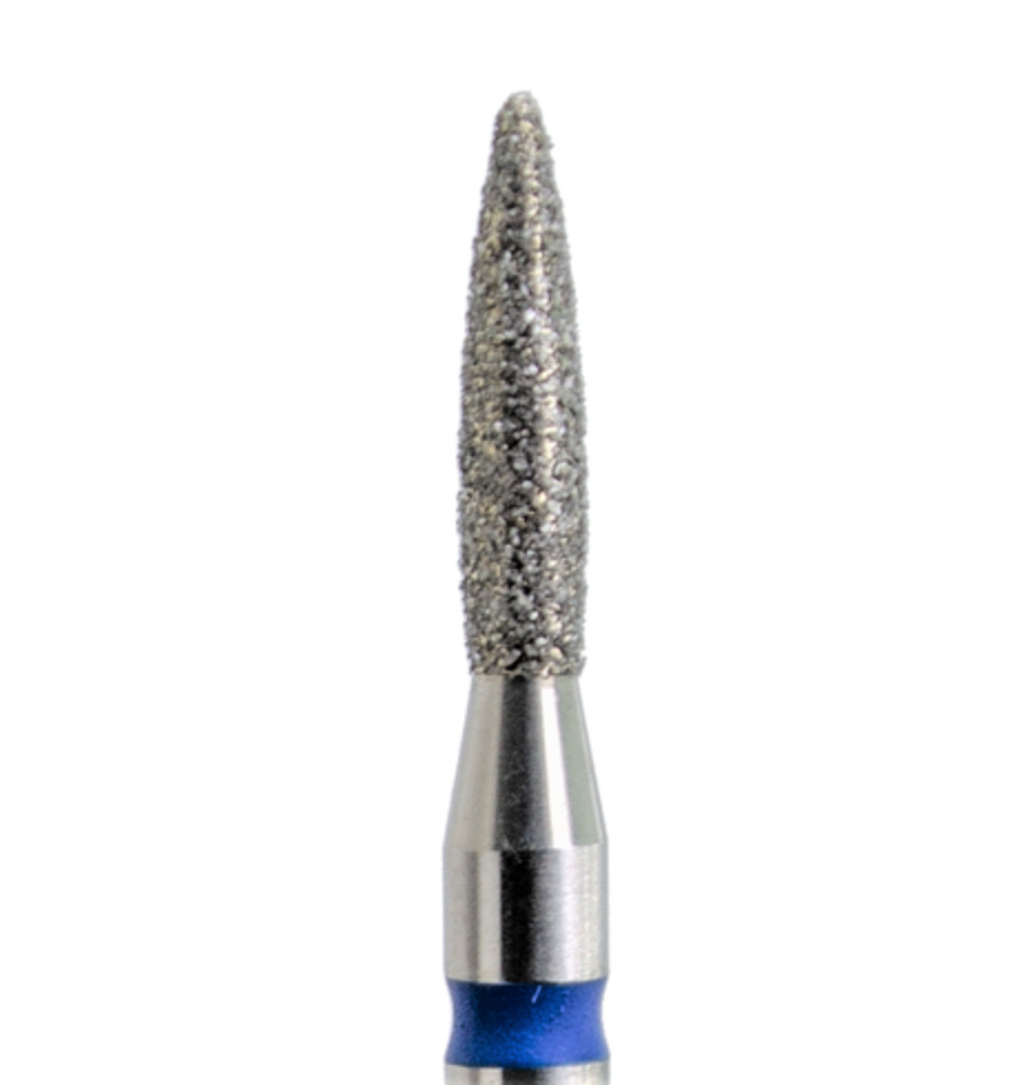A blue-coated diamond nail drill bit with a flame shape, designed for manicure and foot care. Diamond Bit Flame Normal (blue ring) ø1.8 mm, 8 mm