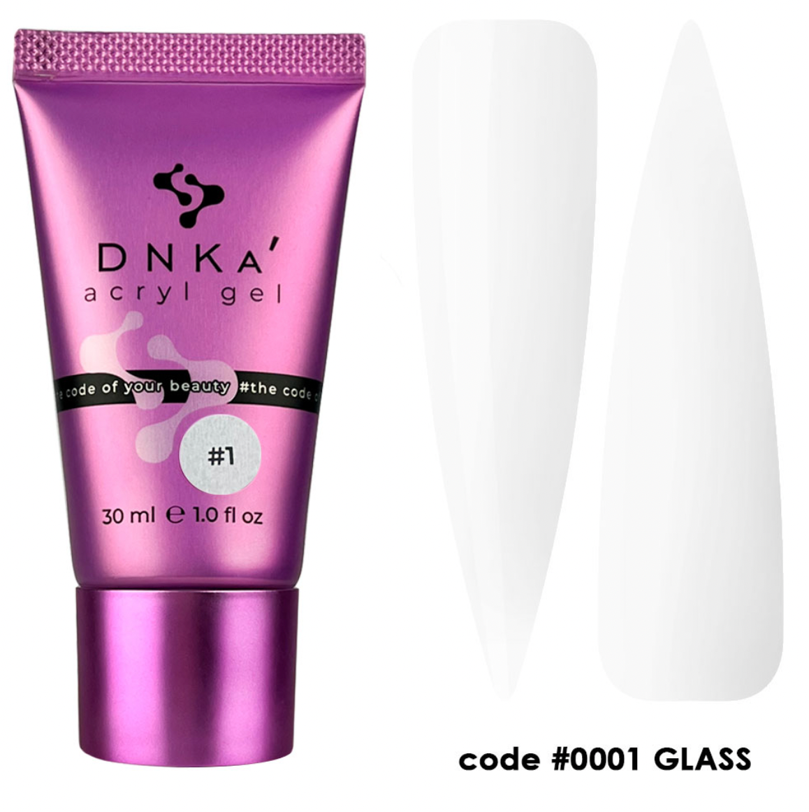 A tube of DNKa' Acryl Gel in clear color labeled #0001 Glass, showing the product's consistency and texture.