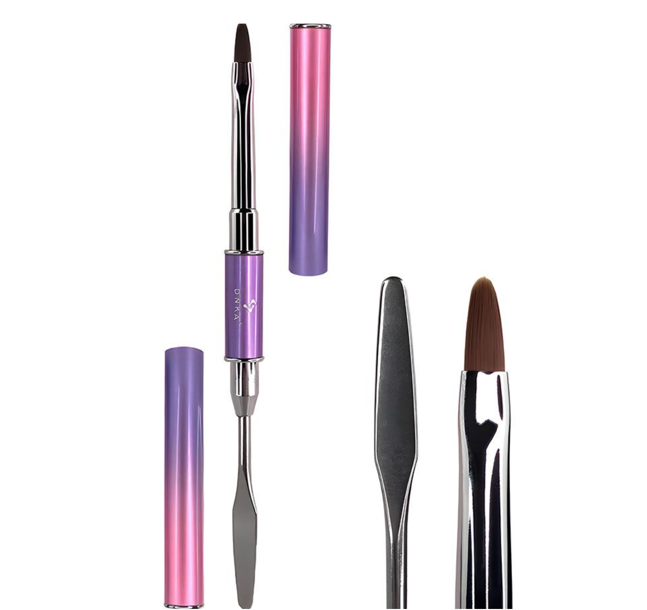 A double-sided nail art brush with a pink and purple handle, featuring a wide brush on one end and a spatula on the other.