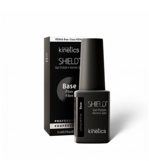 A product image showing Kinetics Shield Fiber Base, a nail polish gel vents, with its packaging. The packaging is black and white with text and the product is displayed in a clear tube next to it.