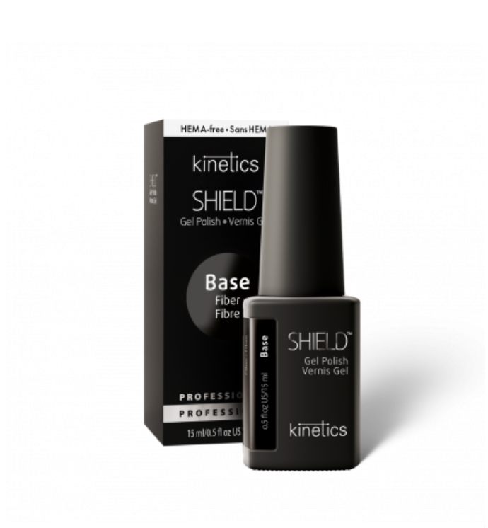 A product image showing Kinetics Shield Fiber Base, a nail polish gel vents, with its packaging. The packaging is black and white with text and the product is displayed in a clear tube next to it.