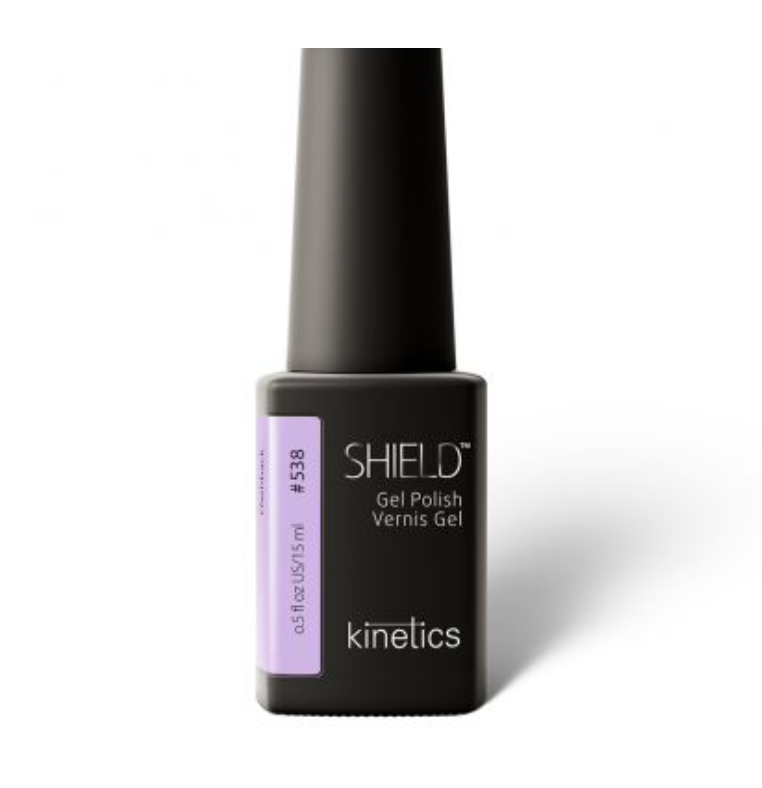 A bottle of Kinetics Shield Professional Gel Polish in a light purple shade, labeled with '0.5 fl oz/15 ml' and the color code '#538'.