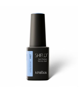 A bottle of Kinetics #427 Shield Gel Polish in a dusty sky blue color