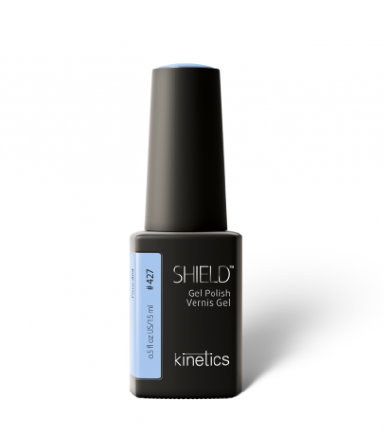 A bottle of Kinetics #427 Shield Gel Polish in a dusty sky blue color