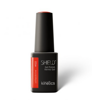 A bottle of Kinetics #522 Shield Professional Gel Polish in orange color with a black cap and label.