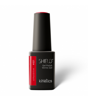 A bottle of SHIELD brand gel polish in a color named Kinetics #021 Victory, with a red cap and a label that includes the product name and brand logo.