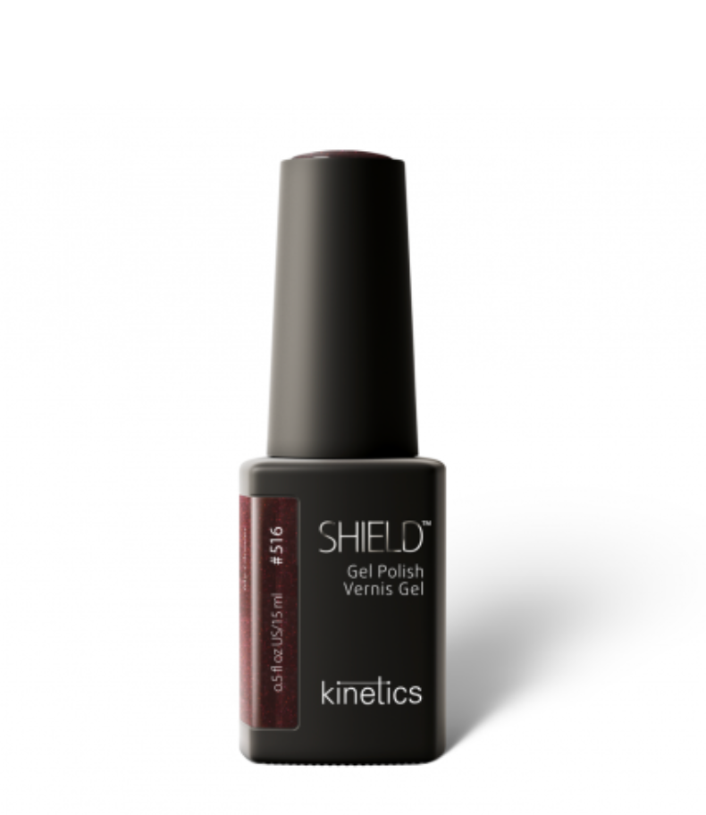 A bottle of SHIELD professional gel polish in a maroon color with a label reading 'Kinetics #516 My glower'. The bottle has a black cap and a maroon-colored label background.