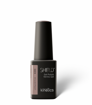 A bottle of Kinetics #203 Piano Piano SHIELD Gel Polish  brown color in a professional nail polish size and color.