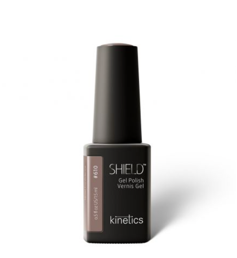 A bottle of Kinetics Shield Professional Gel Polish #610  in the color Quiet confidence, which is a timeless taupe shade.