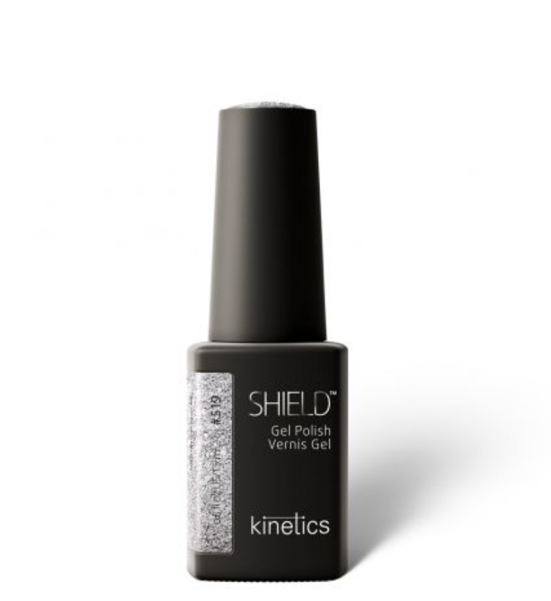 A bottle of SHIELD Gel Polish in the color Kinetics #519 Influence spices, with a matte black finish and silver flakes visible in the polish.