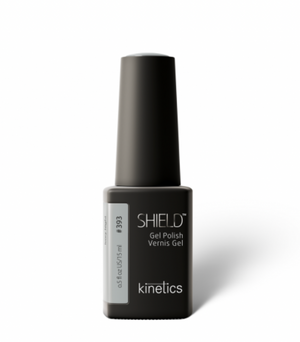 A bottle of Kinetics #393 Ivory night SHIELD professional gel polish with a matte black cap and a label that shows the product name and brand. Grey color
