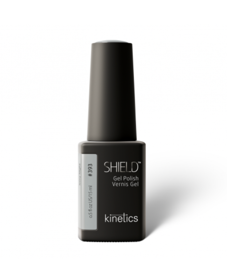 A bottle of Kinetics #393 Ivory night SHIELD professional gel polish with a matte black cap and a label that shows the product name and brand. Grey color