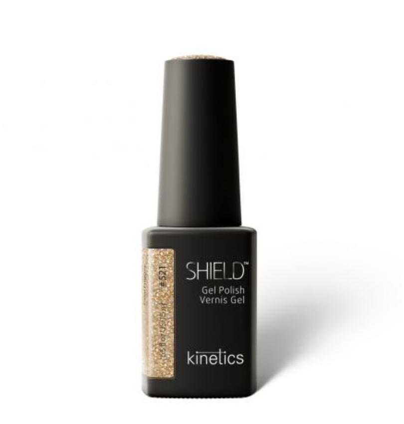 Kinetics gel polish #521 Goal digger. Gold glitter colour in black bottle