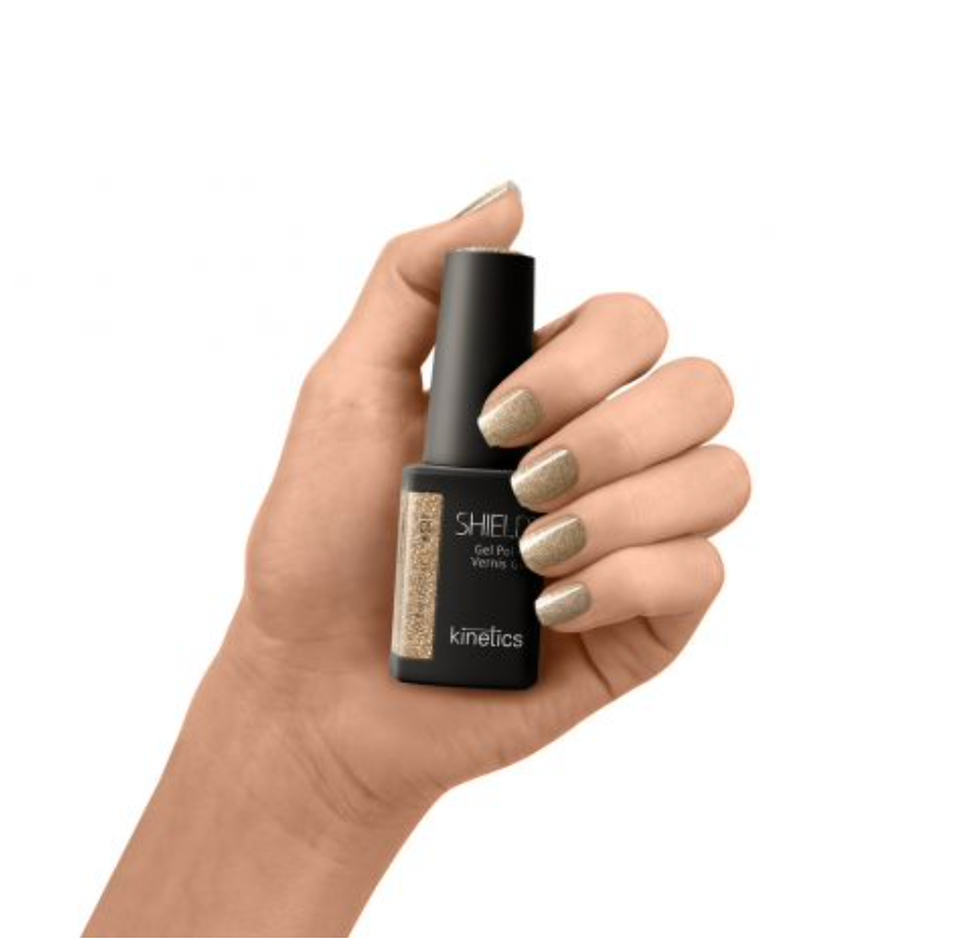 Kinetics gel polish #521 Goal digger. Gold glitter colour in black bottle