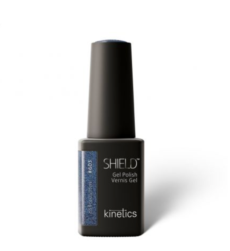 A bottle of Kinetics Shield Gel Polish in the color #603 Northern breeze, which is a dark blue cat eye color