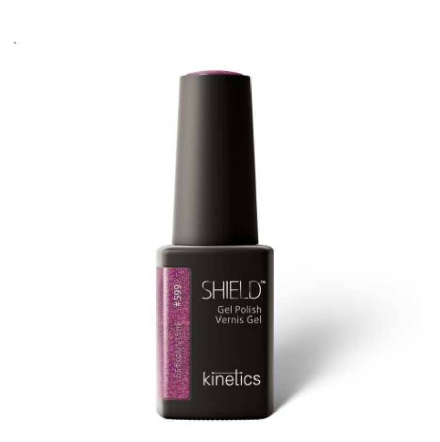 A bottle of Kinetics Shield Gel Polish in a pinkish purple shimmer shade with a black cap and label. #599 Magnetic splash cat eye colour