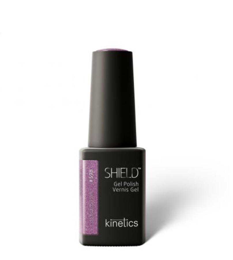 A bottle of Kinetics #598 Radiant violet SHIELD PROFESSIONAL GEL POLISH with a black matte finish and a purple glittery cap.