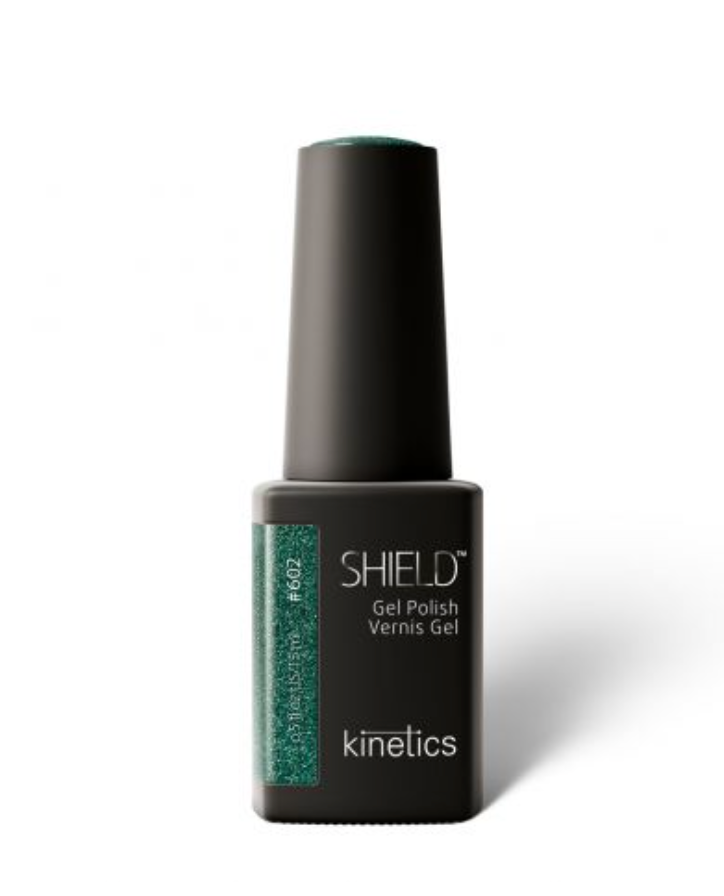 A bottle of Kinetics #602 Aurora borealis Shield professional gel polish with a green shimmer finish and a teal bottle cap.