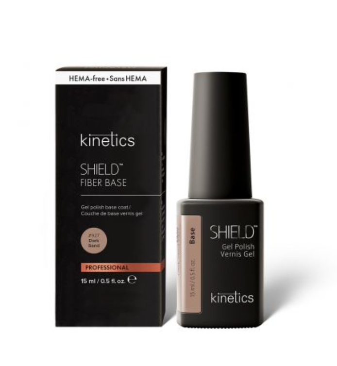 A bottle of Kinetics Shield Fiber Base in a dark sand color 927, with the product packaging beside it.