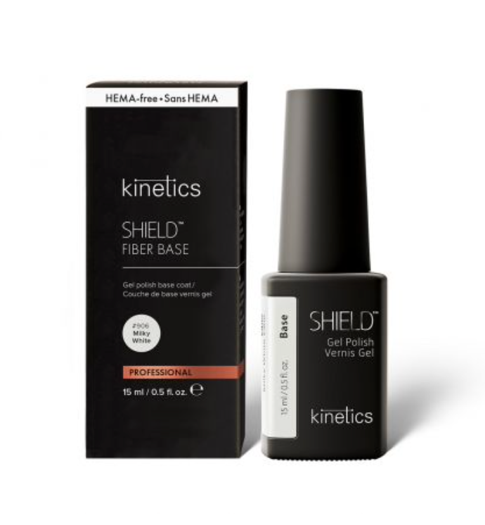 A product image showing a box and bottle of Kinetics Shield Fiber Base with milky white color and text detailing the product features.
