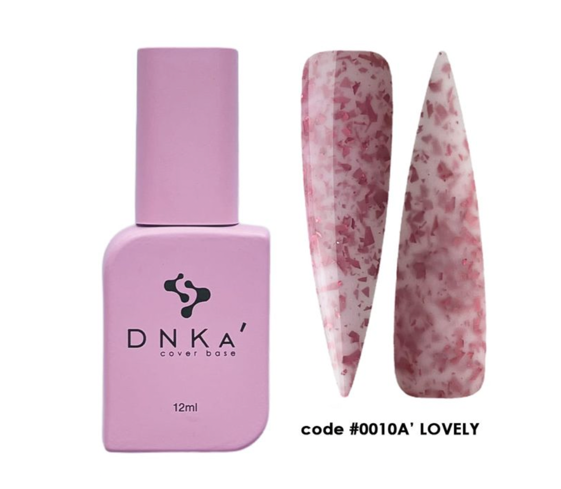 DNKA nail polish bottle and pink marbled nail tips on a white background. DNKa cover base 0010A Lovely