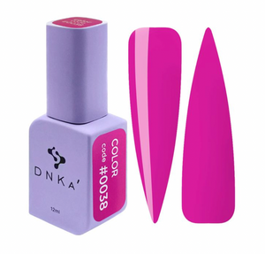 A bottle of DNKa' Gel Polish in color #0038, alongside a pair of pink nail art extensions.