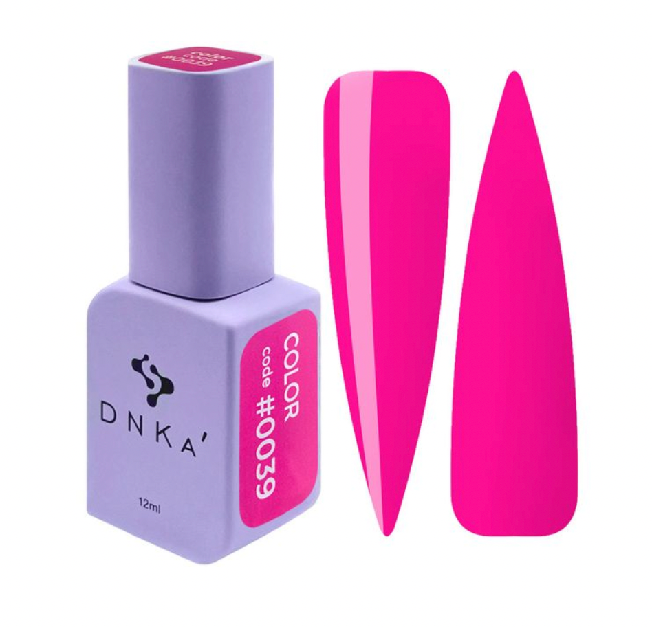 A bottle of DNKa' Gel Polish in color #0039, which is a bright pink shade, alongside a visual representation of the polish applied to a nail shape.
