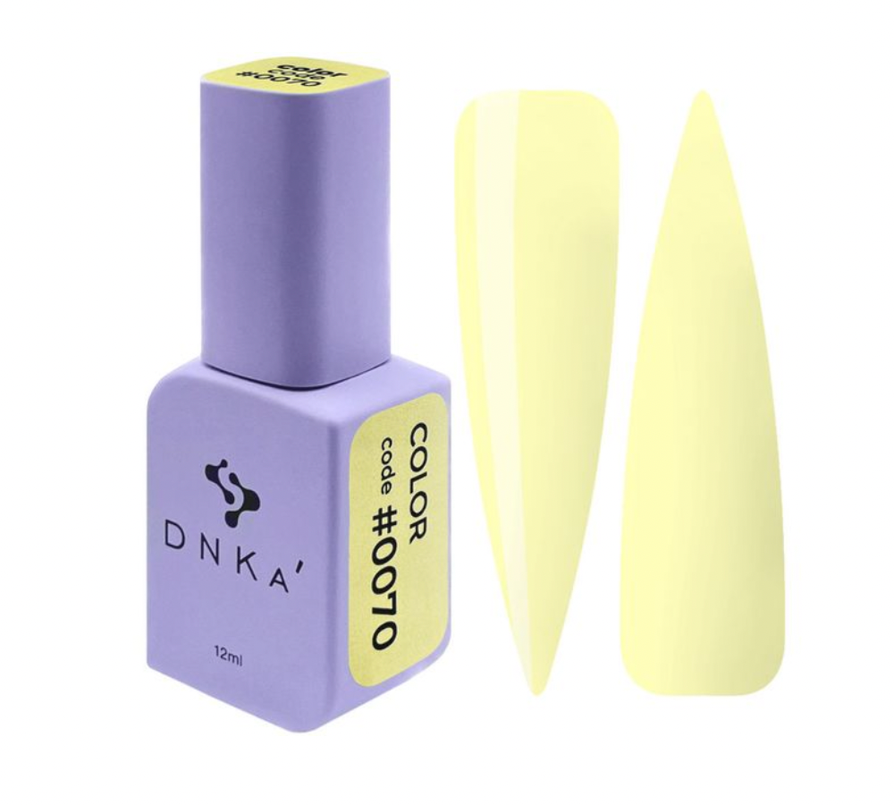 A purple DNKa' Gel Polish bottle with the cap off, showing the color #0070 gel polish inside. There is also a visible yellow label with the brand and shade number.