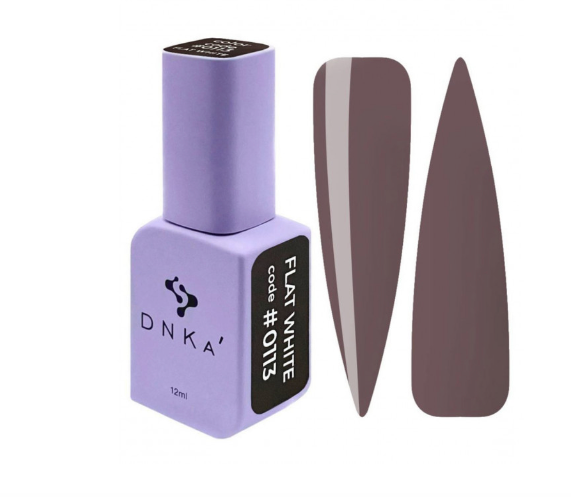 A purple DNKa' Gel Polish bottle and a flat, purple-colored nail polish bottle cap. 0113 flat white