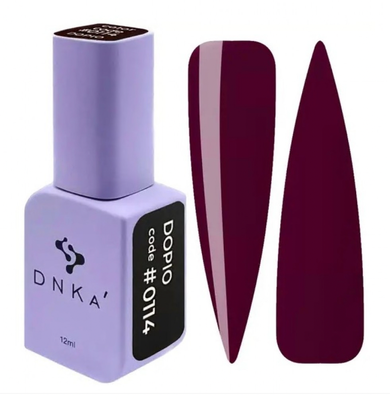 DNKA gel polish bottle #0114 with a maroon nail on a white background