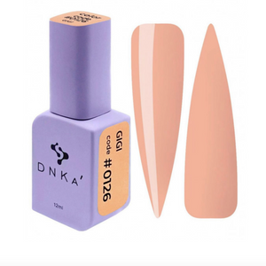 A DNKa' Gel Polish bottle in shade #0126 accompanied by a visual representation of the polish color on a nail shape.