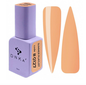 A purple DNKa' Gel Polish bottle with a #0127 code, alongside a pair of nail polish bottle caps in a lighter color.
