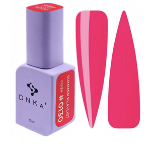 A purple DNKa' Gel Polish bottle #0130 with a pinkish tone, alongside a pair of pink nail polish bottle caps.