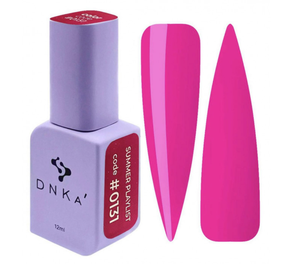 A bottle of DNKa' Gel Polish in color #0131 with a pinkish-purple shade, alongside a set of application brushes. The bottle has a soft touch velvet finish and displays the brand and shade number.