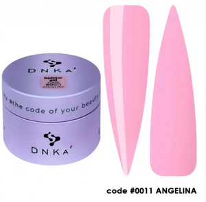 A purple container of DNKa' Builder Gel with the code #0011 Angelina, alongside a pair of pink nail extensions.