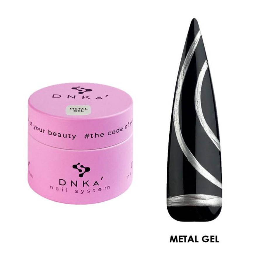 A container of DNKa' Metal Gel nail paint next to a depiction of a nail art design using the gel, showcasing a black nail with silver metallic stripes.