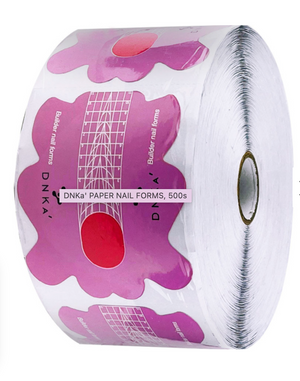 A roll of DNKa' paper nail forms with pink and purple floral patterns and text indicating 100 pieces.