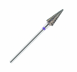 Carbide nail drill bit with a lilac ring, featuring a cone shape with triple cross cut design.