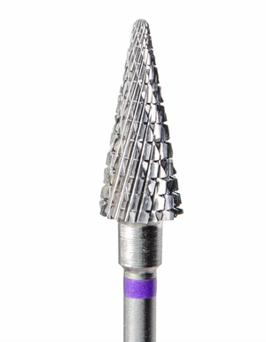 Carbide nail drill bit with a lilac ring, featuring a cone shape with triple cross cut design.