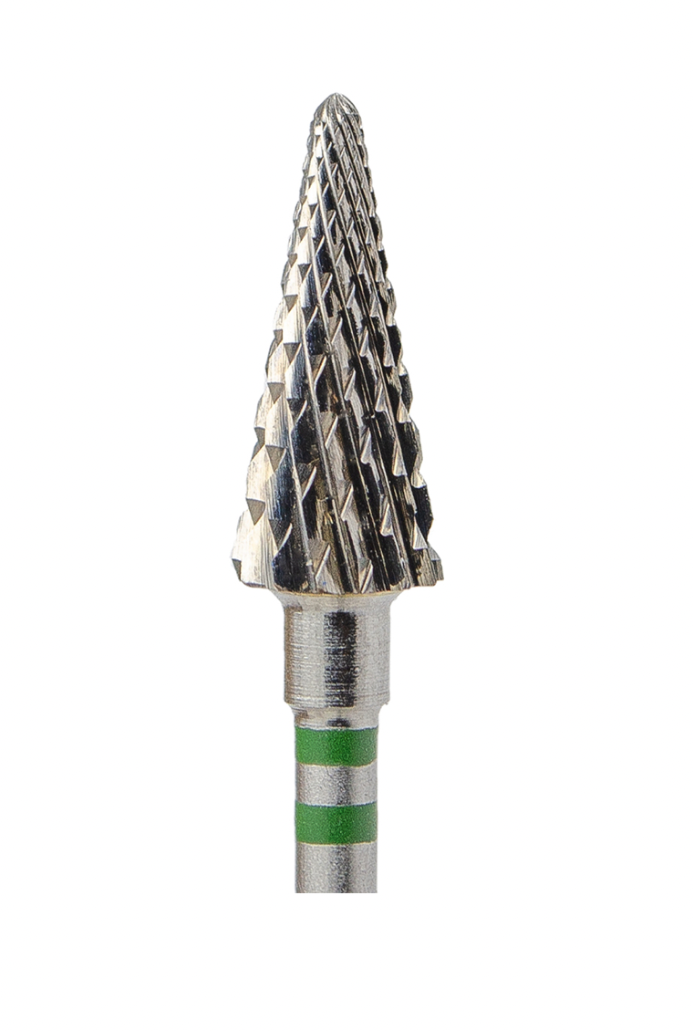 Carbide nail drill bit with a cone shape and a green ring near the tip, indicating its use for left-handed drilling.