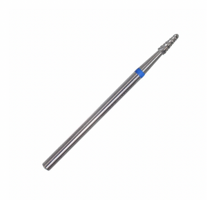 A carbide nail drill bit with a blue ring on the shank and a conical pointed tip, designed for professional use in nail and pedicure services.