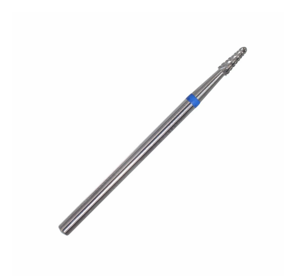 A carbide nail drill bit with a blue ring on the shank and a conical pointed tip, designed for professional use in nail and pedicure services.